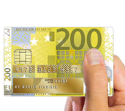 200 Euros- sticker pour carte bancaire, 2 formats de carte bancaire disponibles