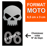 Sticker for MOTORCYCLE license plate, BLACK background, Department number - SKULL