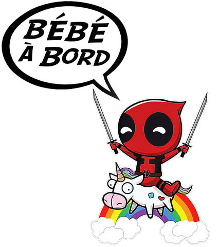 Sticker, Bébé à bord !  Tribute to Deadpool sur sa vache (fanart)